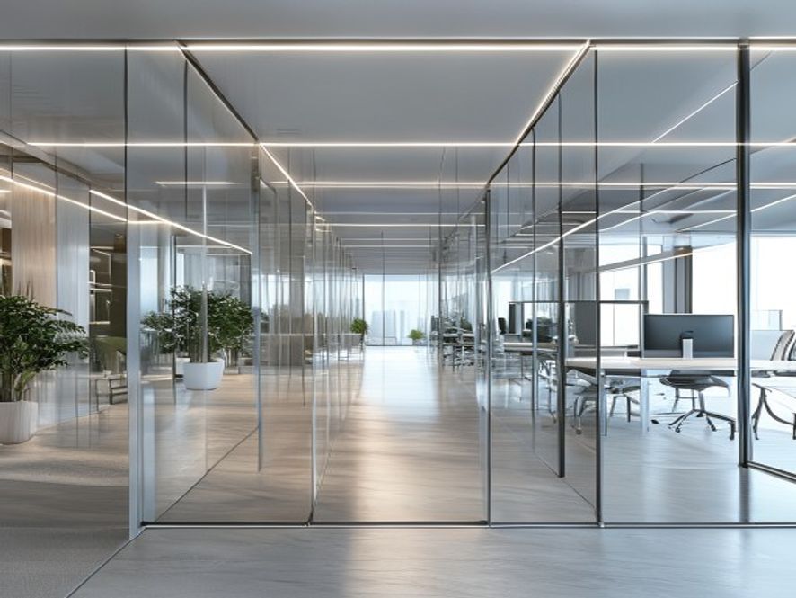 Cloison de bureau en PMMA 10 mm transparent montée sur montants aluminium, séparant un open space tout en préservant la lumière naturelle