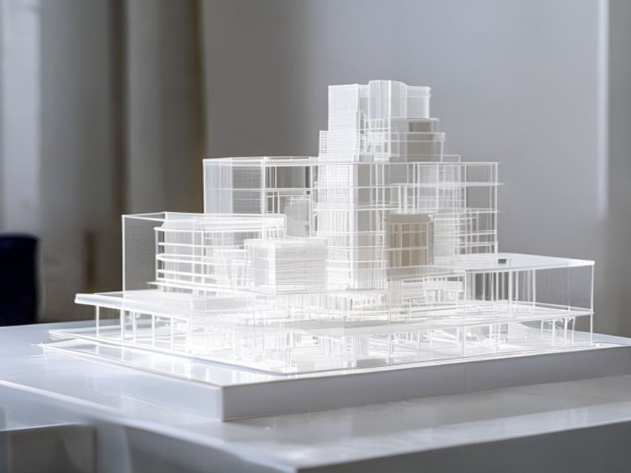 Maquette architecturale de bâtiment en PMMA transparent et PVC blanc découpés laser à l'échelle, surfaces planes et précision ±0,2 mm