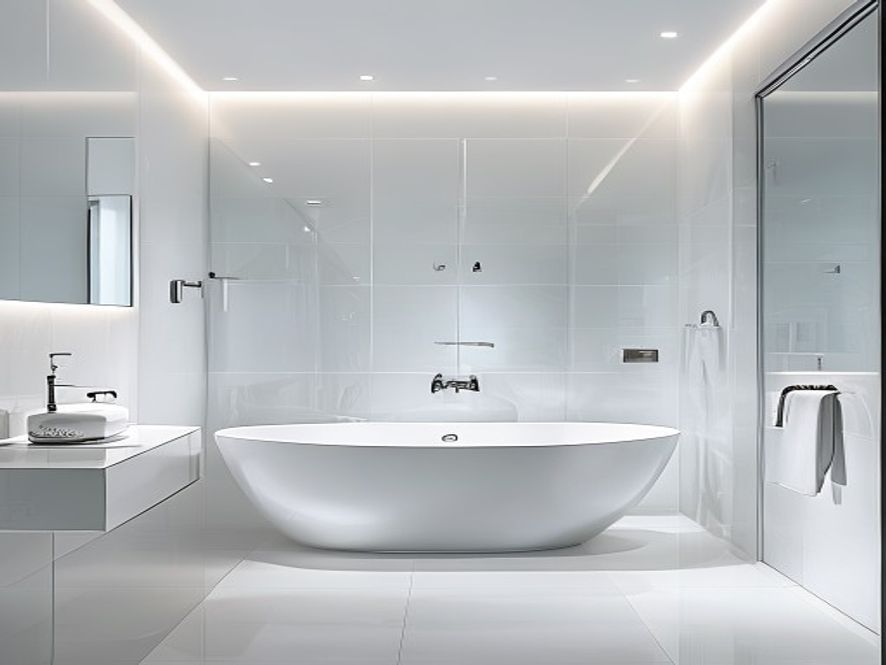 Paroi de douche en PMMA 6 mm satiné avec bords polis sur chaque face, installée dans une salle de bain blanche moderne, sans joint apparent
