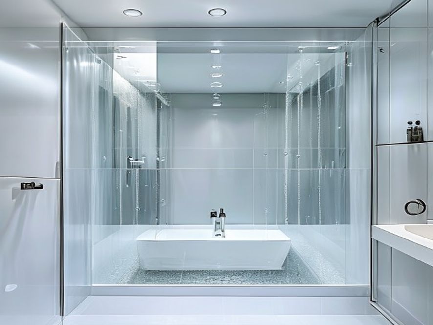 Paroi de douche en PMMA 6 mm transparent avec chants polis miroir, installée dans une salle de bain moderne aux carreaux blancs, fixation invisible