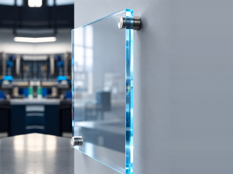 Plaque Altuglas® transparente sur mesure fixée au mur par entretoises inox